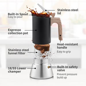 Nueva <span class=keywords><strong>cafetera</strong></span> y espresso de estufa de <span class=keywords><strong>4</strong></span> <span class=keywords><strong>tazas</strong></span> de <span class=keywords><strong>acero</strong></span> <span class=keywords><strong>inoxidable</strong></span>, olla Moka <span class=keywords><strong>italiana</strong></span> con mango de madera - Product Image 4