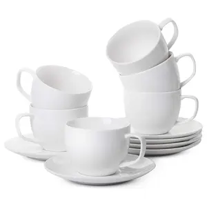 8款floz白色浓缩咖啡卡布奇诺瓷杯和茶碟套装，用于拿铁咖啡和茶