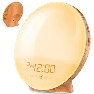 Wood Grain Sunrise Alarm Clock Wake Up Light for Kid, Heavy Sleepers Sunset Alarm Clock with Sunrise Simulation 7 Colors Light