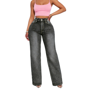 Pantalon en jean évasé scintillant pour femme, style Y2K décontracté, taille haute, avec strass, coupe large, tendance - Product Image 1