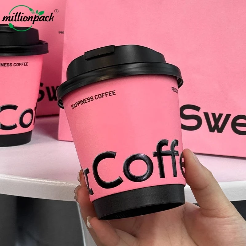 Compostable Biodegradable Custom Printed Eco-friendly Waterproof Double Wall Paper Coffee Cup Secure Lid Reusable Takeaway