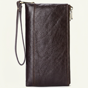 Brown Leather Clutch <b>Wallet</b> with <b>Zip</b> Around Closure and Wrist Strap - Product Image 1