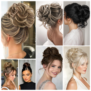 Piezas de pelo de <span class=keywords><strong>moño</strong></span> desordenado-<span class=keywords><strong>moño</strong></span> de Pelo elástico rizado ondulado grande Scrunchies extensiones de cola de caballo <span class=keywords><strong>moño</strong></span> sintético postizos para mujeres - Product Image 6