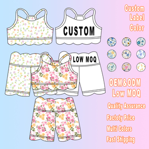 Set Personalizzato OEM per Bambine: Top Corto con Bordo Smerlato e Pantaloncini a Vita Alta con Stampa Margherite Gialle, Completo <span class=keywords><strong>Abbigliamento</strong></span> Bambina - Product Image 1