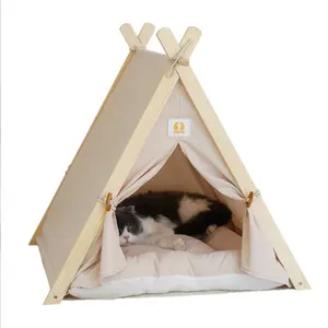 Tenda Tempat Tidur Kucing Semi Tertutup Hewan Peliharaan Mode Mewah Dalam Ruangan Tenda Anjing Peliharaan Pinus