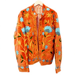 Indian <b>Velvet</b> Suzani Eco-Friendly Floral Pattern Embroidered Varsity Jacket <b>Women's</b> Spring Style Full Sleeve Mandarin Collar - Product Image 1