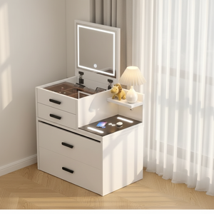 Coiffeuse simple et moderne en MDF avec miroir éclairé, pliable, intégrée, pour petit appartement, mini-combiné, table de chevet - Product Image 6