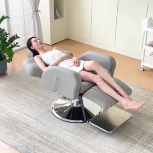 เก้าอี้ตัดผมไฮดรอลิกปรับเอนได้ รุ่นหรูหรา สีน้ำเงิน สำหรับผู้หญิง ดีไซน์ทันสมัย โครงเหล็กสแตนเลส เบาะหนัง - Product Image 1