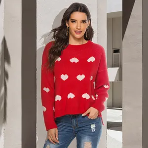 도매 핫 세일 크루 넥 니트 하트 여성용 스웨터 풀오버 긴 소매 하트 패턴 발렌타인 스웨터