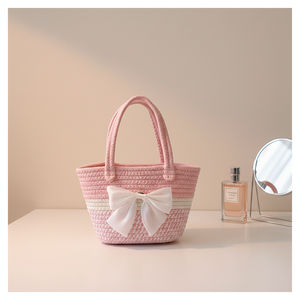 Borsa a Spalla in Paglia Intrecciata a Mano per Donne, Borsa da <span class=keywords><strong>Spiaggia</strong></span> Estiva con Fiocco e Decorazione Floreale, Logo Personalizzato, Borsa Intrecciata alla Moda - Product Image 1