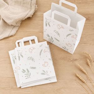 Sacs en papier kraft blancs imprimés sur mesure avec poignées plates, sacs d'emballage pour boulangerie, pain, pâtisserie, plats à emporter, vente en gros, recyclables - Product Image 4