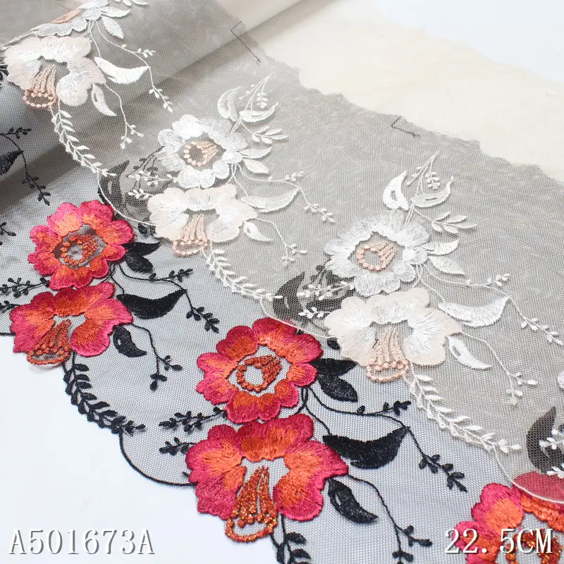 Latest OEM 3D Embroidery Net Lace 23CM Coloful Flower Tulle Lace Trim Black Pink Mesh Lace Fabrics For Dress Garment Party