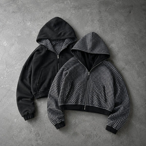 OEM Custom Streetwear Heavyweight Oversized Boxy Vintage Washed <strong>Reversible</strong> Plaid <strong>Zip</strong> up Waffle Knit Long Sleeve Hoodies for Men - Product Image 1