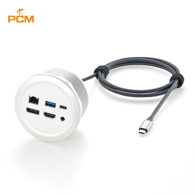 USB-C Docking Station Desk Grommet Hub Multimedia Table Socket 10Gbps 4K 60Hz RJ45 LAN DP 3.5mm Audio for Office Conference