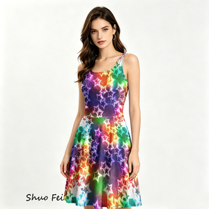Robe Skater sans manches pour femmes, imprimé étoiles lumineuses arc-en-ciel, robe d'été en forme de A, robe de rave psychédélique vibrante - Product Image 1