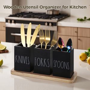 Farmhouse Rectangle Wooden 3-Compartment Cutlery Holder Caddy with Wood Base <b>for</b> <b>Kitchen</b> <b>Storage</b> - Product Image 5