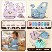Ensemble de vaisselle pour enfants en silicone écologique sans BPA, avec assiette à compartiments, bol, cuillère, fourchette, bavoir et ustensiles, motif animaux mignons, logo personnalisé