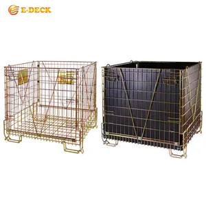 China collapsible warehouse industrial welding stacking mobile metal steel wire mesh storage container with forklift channel