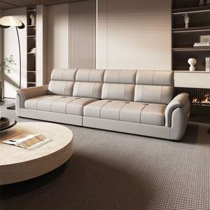 Sofá de Cuero Crema, Línea Recta, Convertible, Moderno, Minimalista, Muebles para Sala de Estar, para Apartamentos Pequeños, Uso en Alquiler - Product Image 3