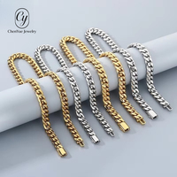 Collier chaîne cubaine à fermoir style hip-hop, perles rondes polies, en acier inoxydable uni, tendance, unisexe, en stock