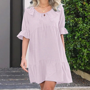 Vendita calda da donna in stile fresco vestito Babydoll al ginocchio con loto manica corta a strati orlo e Design fluente stile dolce - Product Image 4