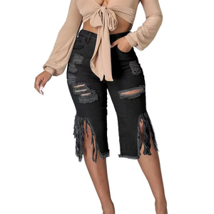 Pantalones Vaqueros YUANBOFEI para <span class=keywords><strong>Mujer</strong></span>, Cintura Alta, Lavados, Elásticos, Rotos, con Borlas, <span class=keywords><strong>de</strong></span> Cinco Puntos, para Uso Diario - Product Image 3