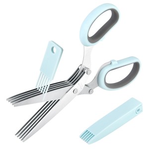 Stainless Steel 5 Layer Scallion Scissors <b>Kitchen</b> Herb Cutter For Home Use Green Handle With Protective Cover - Product Image 5
