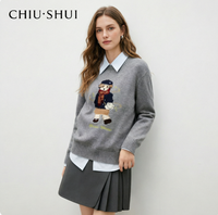 CHIU SHUI Pull en laine brodé style preppy pour femme, col rond, avec patch animal, hiver