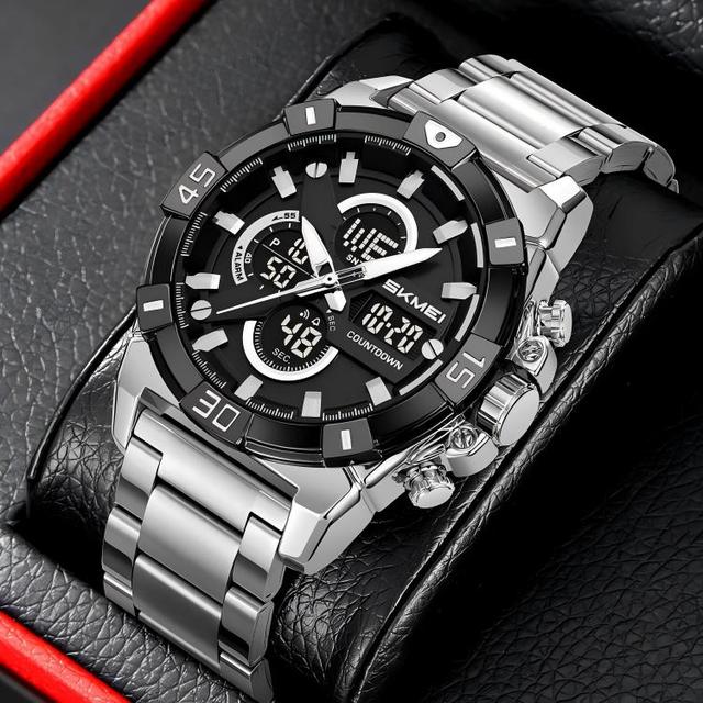 2026 New SKMEI 2593 Factory Dual Time Watch Reloj Waterproof Stainless Steel Band Luxury Digital Water Resistant Watches for Men