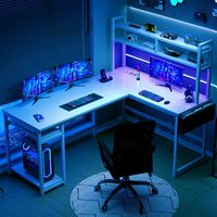 Bureau de jeu en forme de L moderne et réglable avec éclairage LED, table de jeu pour ordinateur blanche avec 2 prises + 2 ports USB