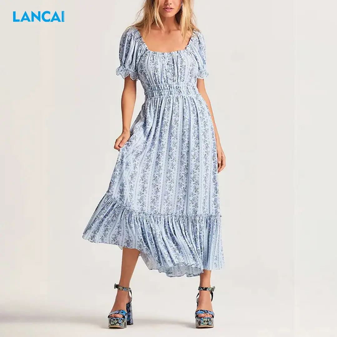 Manufacturer OEM Women Vintage Stripe And Floral Print Square Neck Elasticated Sleeve High Waist Long Dress