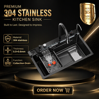 Évier de cuisine en acier inoxydable nano noir, fait main, à cuve unique, intelligent, avec robinet cascade et design à 5 trous, vente en gros