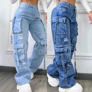 Pantalones de mezclilla de trabajo de pierna recta con múltiples bolsillos, estilo INS, versátiles, holgados e informales para mujer - Product Image 5