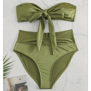 Maillot de bain triangle micro bikini taille haute personnalisé OEM, motif rayé imprimé de luxe, lettres, push-up, pour femme, grandes tailles - Product Image 1