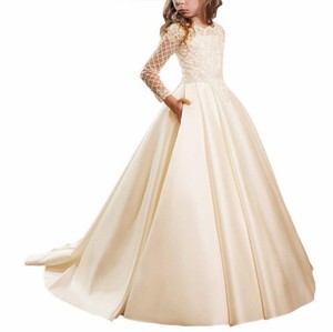 Robes de demoiselles d'honneur en satin pour enfants, robes de cérémonie à manches longues en dentelle pour petites filles - Product Image 3