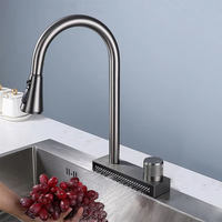 Robinet de cuisine à cascade à montage sur pont en acier inoxydable, à trou unique, avec pistolet intelligent gris, robinet de baignoire chaud, capteur de température froide, sans contact