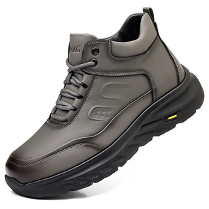 Bottes de randonnée d'hiver pour hommes en cuir, hautes, chaudes, doublées de polaire, antidérapantes, à talon plat, couleur unie, lacets avant - Product Image 5