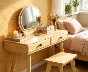 Tocador de maquillaje escandinavo de madera maciza de abedul con espejo y taburete, mesa de tocador para dormitorio con cajones de almacenamiento - Product Image 5