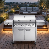 Barbecue à gaz commercial homologué CE à 6 brûleurs, style coréen, chariot pliable, acier inoxydable, hauteur réglable, barbecue d'extérieur