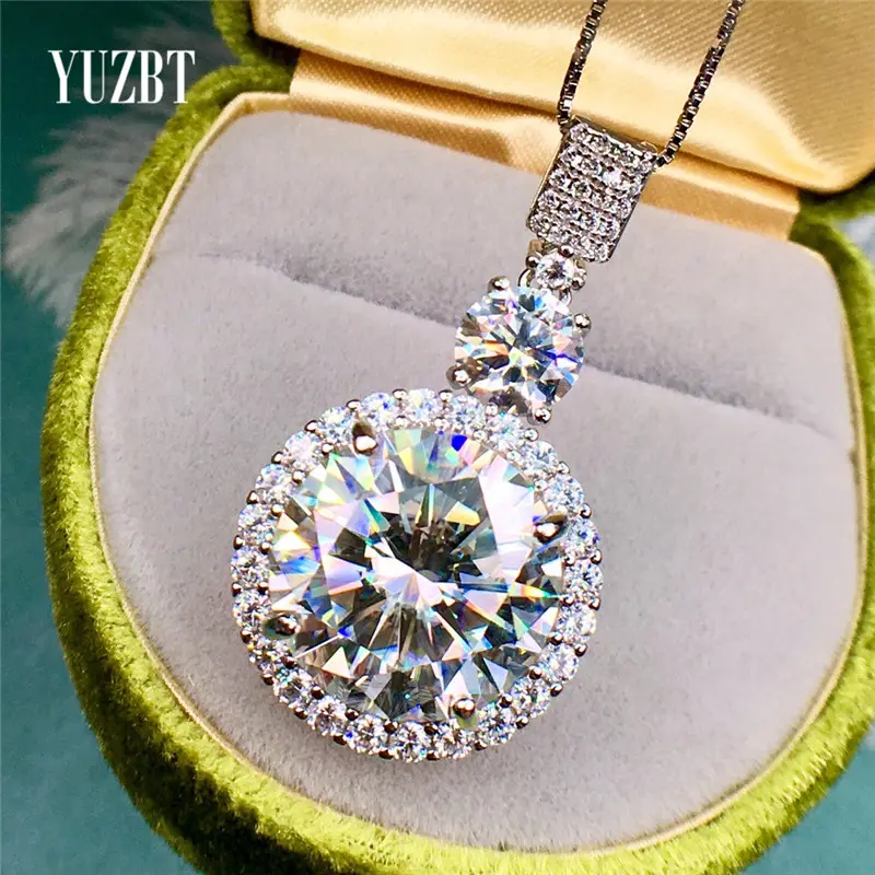 Perak 925 Asli Total 11 Ct Putaran Brilliant Cut Berlian Tes Masa Lalu D Warna Moissanite Pernikahan Liontin Kalung Perhiasan Halus