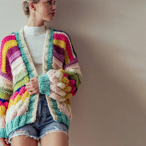 Maglione <span class=keywords><strong>oversize</strong></span> in maglia larga Cardigan con Logo personalizzato arcobaleno a righe a contrasto fatto a mano <span class=keywords><strong>maglieria</strong></span> ampia e pigra per l'inverno - Product Image 4