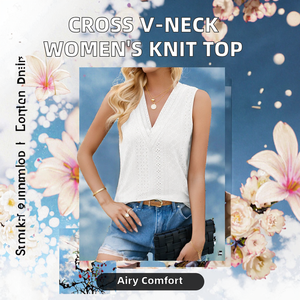 Débardeur en maille pour femme, décontracté, à col en V croisé, slim, respirant, uni, court, avec logo sur le devant - Product Image 2