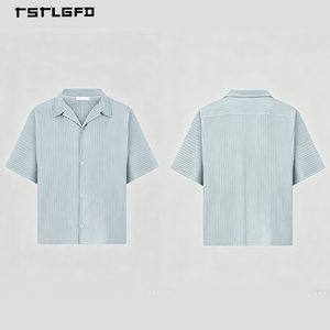 Men Ice Blue Plissé Textured Short Sleeve Shirt Cuban Collar Boxy Fit Vertical Pleated Old Money Luxury Resort Summer Beach <b>Top</b> - Product Image 1