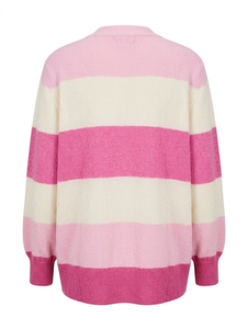 Pull en tricot épais à rayures roses pour femmes, mélange de viscose, col rond, manches longues, pull décontracté d'hiver - Product Image 3
