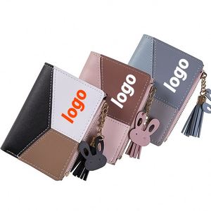 Trendy Lady's Compact <b>Zip</b> <b>Wallet</b> with Tassel Detail Color Block Design Perfect for Students and Daily Use - Product Image 1