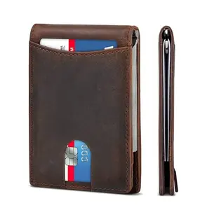 Vintage Crazy Horse Da Bifold chủ thẻ Ví ngắn người đàn ông sang trọng của RFID chặn Slim Leather Wallet với tiền Clip