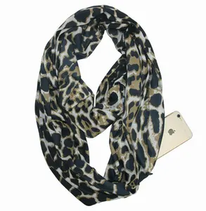 Girls Winter Travel Infinity Scarf With Pocket Fashion Leopard Jersey Loop Scarfs With Zipper Pocket
