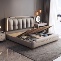 Lit de rangement luxueux de style européen moderne JUNYUHAO, en cuir premium, mousse haute densité, certifié E0, cadre en pin, taille King/Queen