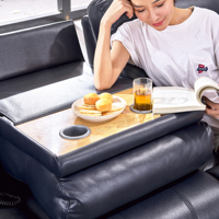 Vente en gros de canapés de salon de luxe en cuir en forme de L, ensemble de meubles de canapé inclinable avec plateau de table rabattable, chaise longue inclinable