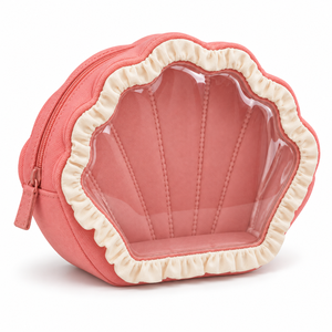 Vial Case Shell Shape Toiletry Bag Ruffle Trim Clear PVC Window Cotton Canvas Coral Pink Wash Pouch Custom Logo - Product Image 5